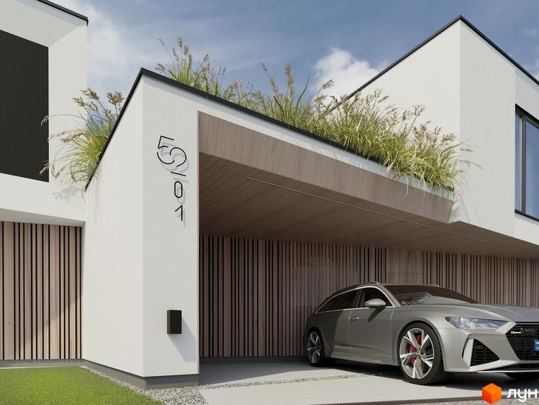 Котеджне містечко VIA 52: фасади будівель з панорамними вікнами та зеленою зоною на даху, поруч припаркований автомобіль.