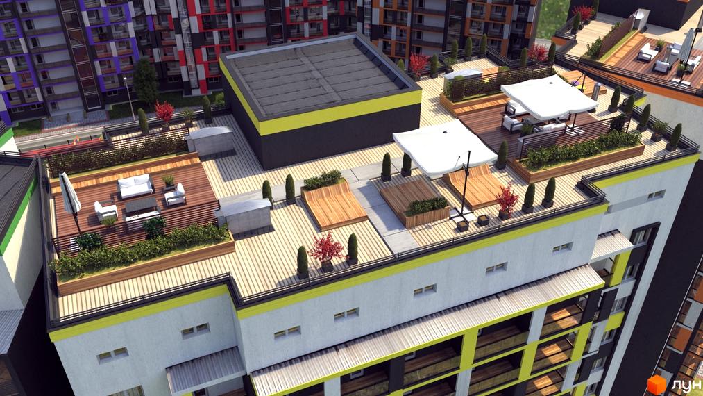 Житловий комплекс Вернісаж з терасами на даху. На території комплексу розташовані зони відпочинку з парасольками та рослинами.