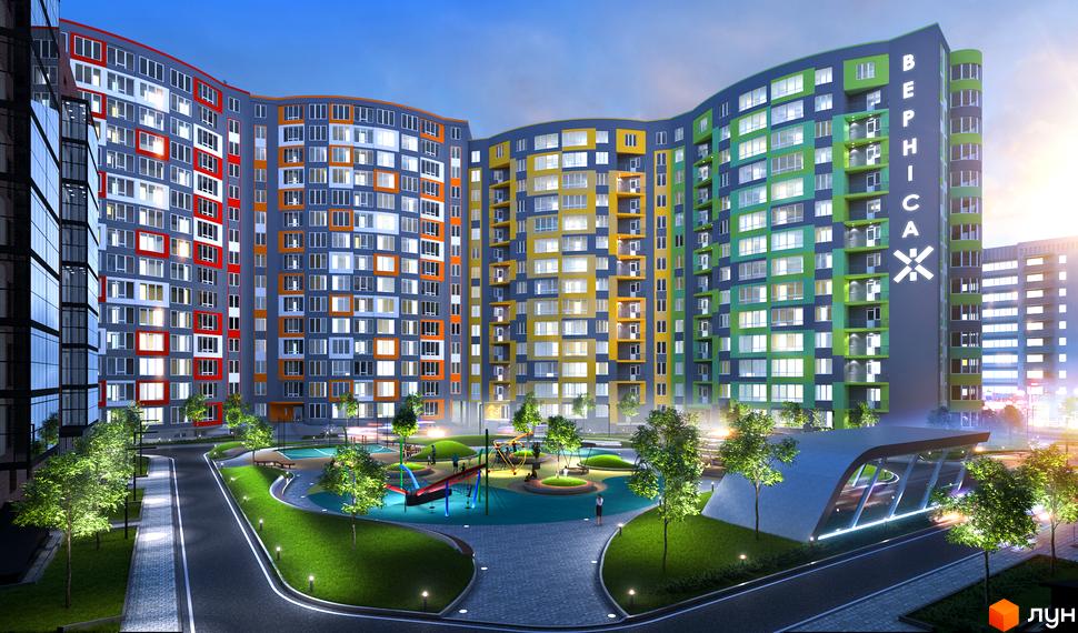 Житловий комплекс Вернісаж з яскравим фасадом та великою прибудинковою територією з дитячим майданчиком. Архітектура будинку виконана у сучасному стилі.