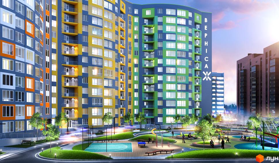 Житловий комплекс Вернісаж з яскравим фасадом. На території комплексу є дитячий майданчик, спортивний майданчик та зелені зони для відпочинку.