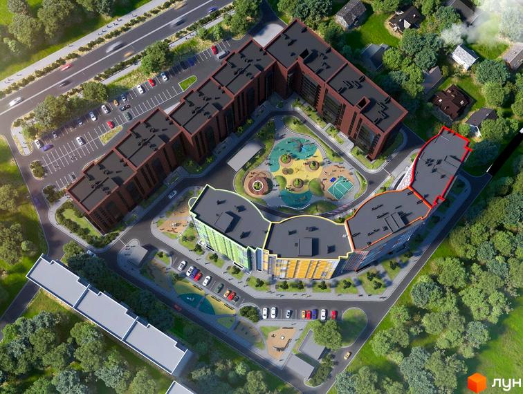 Вид зверху на Будівельний проєкт Вернісаж. Багатоповерхові будинки з темною покрівлею та прибудинкова територія з паркінгом та дитячим майданчиком.