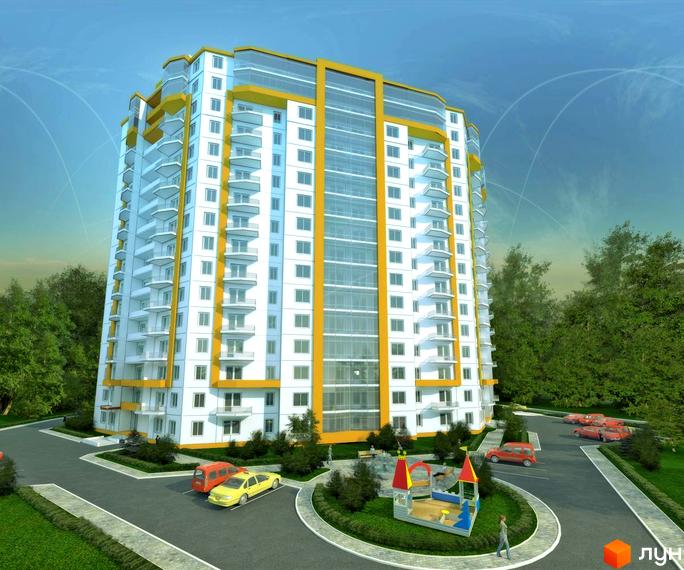 Новобудова на вул. Середньофонтанська, 30: будинок з білим та жовтим фасадом, балконами. Територія має парковку, дитячий майданчик.