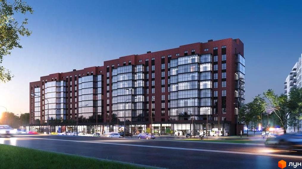 Житловий комплекс Вернісаж. Багатоповерховий будинок з скляними фасадами та цегляною обробкою. На першому поверсі розташовані комерційні приміщення, перед будинком дорога та зелені насадження.