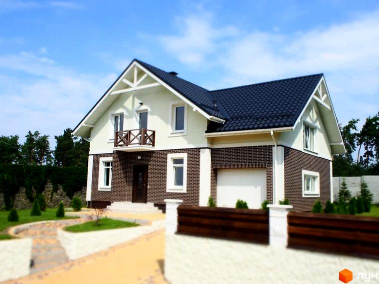 Котеджне містечко КМ Лісова Білогородка: двоповерховий будинок з темним дахом та цегляним фасадом, огороджена територія з доглянутим газоном та доріжками.