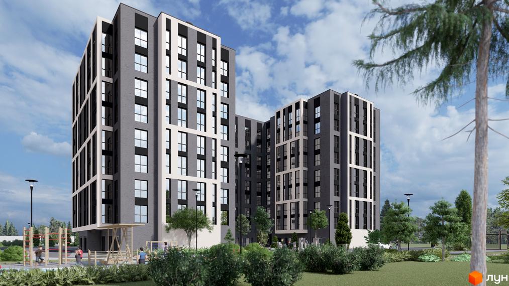 Житловий комплекс Рів’єра – це двосекційна новобудова з сірими та білими фасадами, великими вікнами та дитячим майданчиком на прибудинковій території.