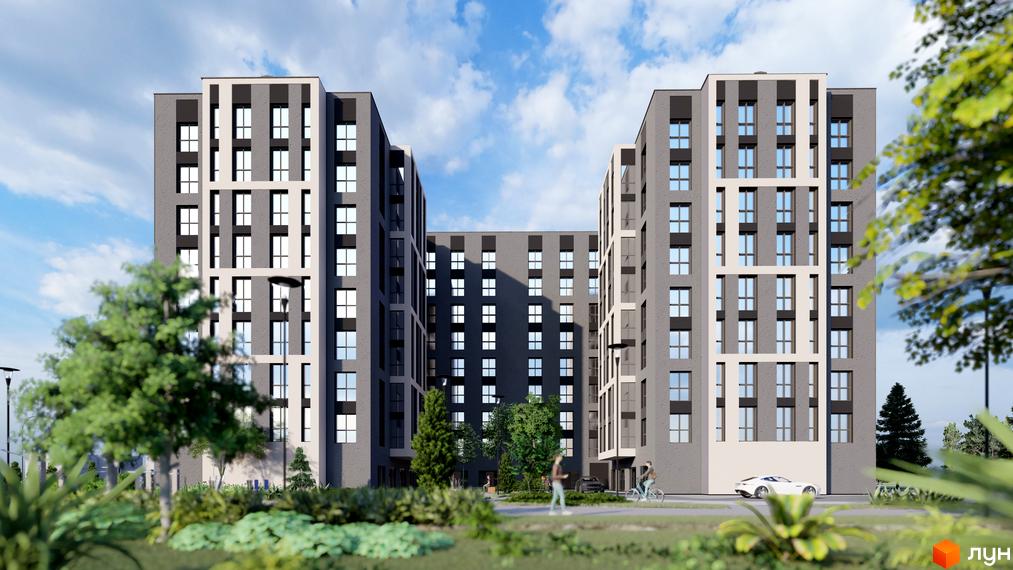 Житловий комплекс Рів’єра – це сучасна новобудова з сірими фасадами та білими елементами, розташована на фоні блакитного неба з хмарами. На прибудинковій території видно зелені насадження, дерева, автомобіль та людей.