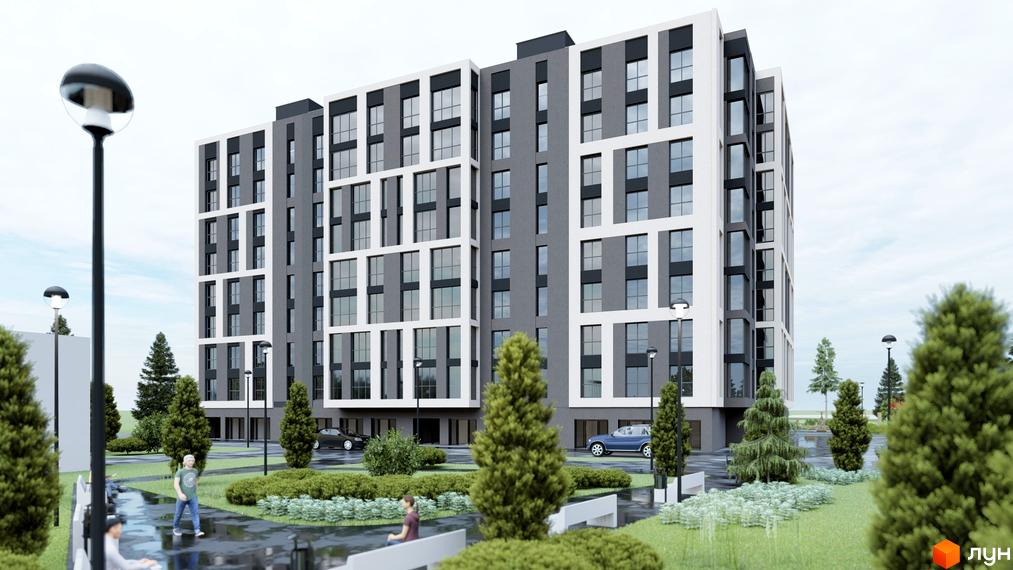 Житловий комплекс Рів’єра з сіро-білим фасадом та великими вікнами, охайна прибудинкова територія з деревами та пішохідними доріжками.