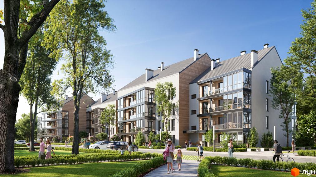 Житловий комплекс ParkVille - це сучасна новобудова з панорамними вікнами та балконами, розташована серед зелених дерев та доглянутої прибудинкової території.