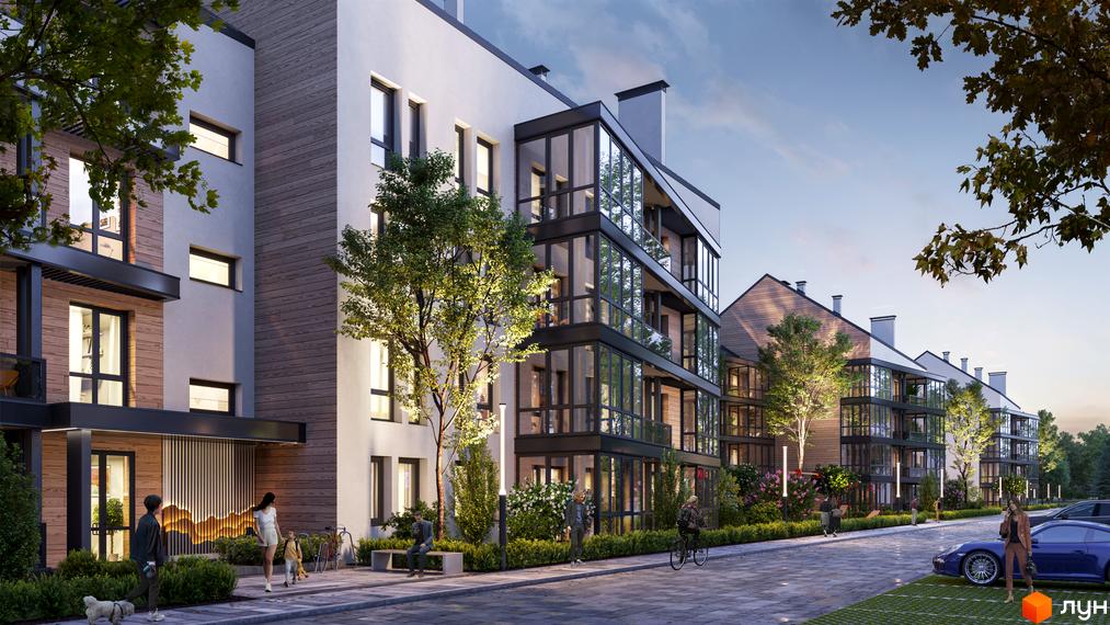 Житловий комплекс ParkVille з фасадами з дерева та скла, з великими вікнами та балконами. Прибудинкова територія з деревами, кущами та місцями для відпочинку.