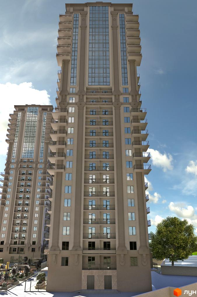 Зображення фасаду та прибудинкової території Житлового комплексу Акрополь. Високий будинок з великими вікнами та балконами.