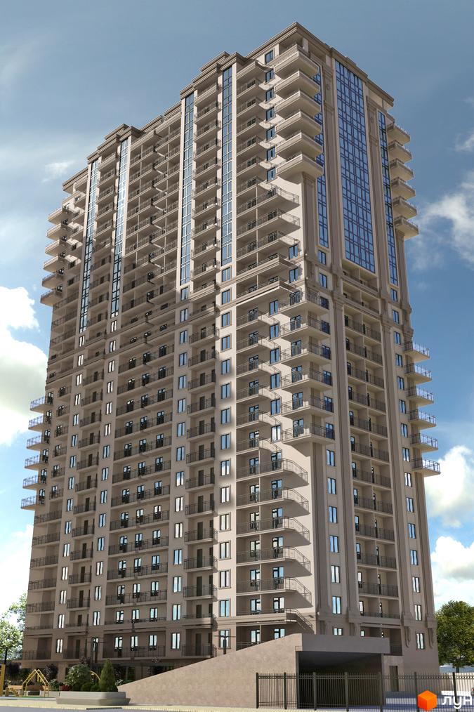 Багатоповерховий житловий комплекс Акрополь з балконами та великими вікнами. Навколо будинку огорожа та зелені насадження.