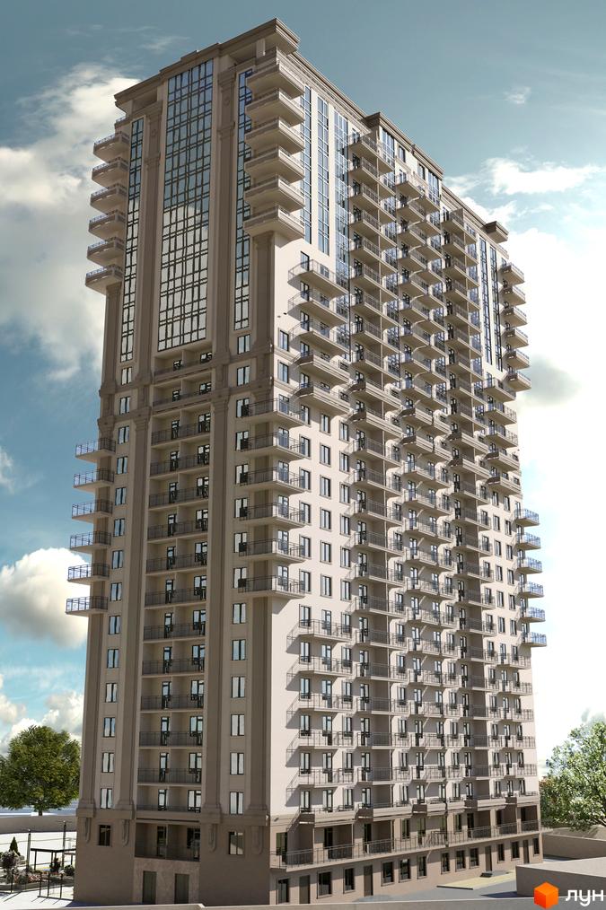 Зображення фасаду багатоповерхового будинку Житлового комплексу Acropolis з великими вікнами та балконами. Вид на новобудову на фоні хмарного неба.