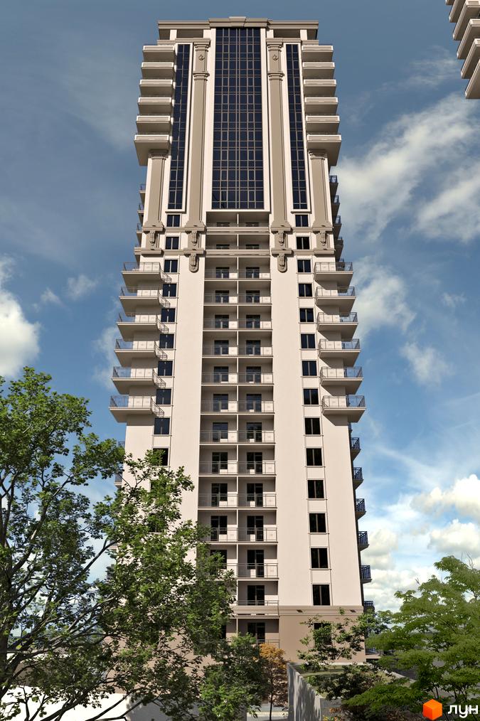 Зображення багатоповерхового будинку в Житловому комплексі Акрополь з балконами та великими вікнами. Навколо будинку зелені дерева.