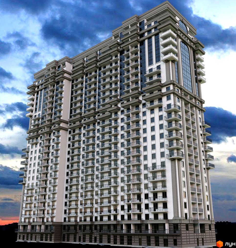 Зображення багатоповерхового будинку Житлового комплексу Акрополь з балконами та великими вікнами. Архітектура новобудови на фоні хмарного неба.