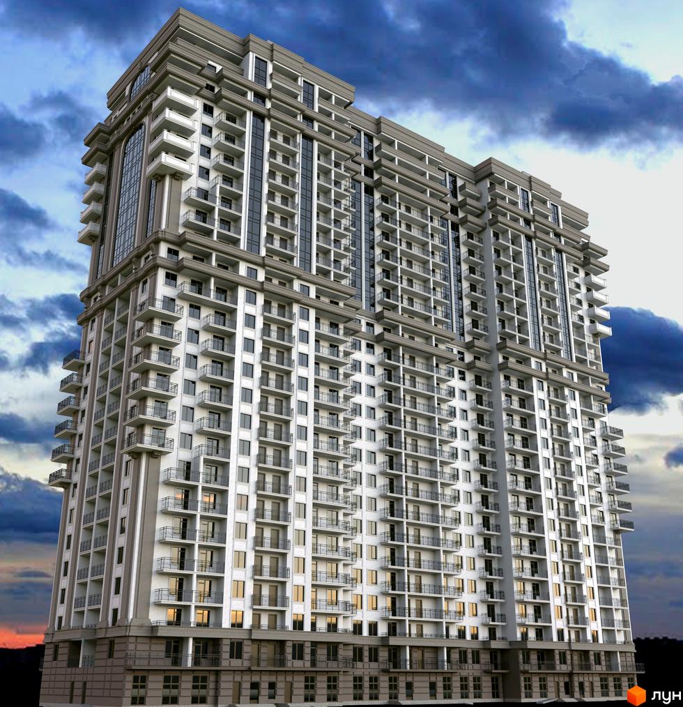 Зображення багатоповерхового будинку Житлового комплексу Акрополь з великою кількістю балконів. Вигляд новобудови на фоні хмарного неба.