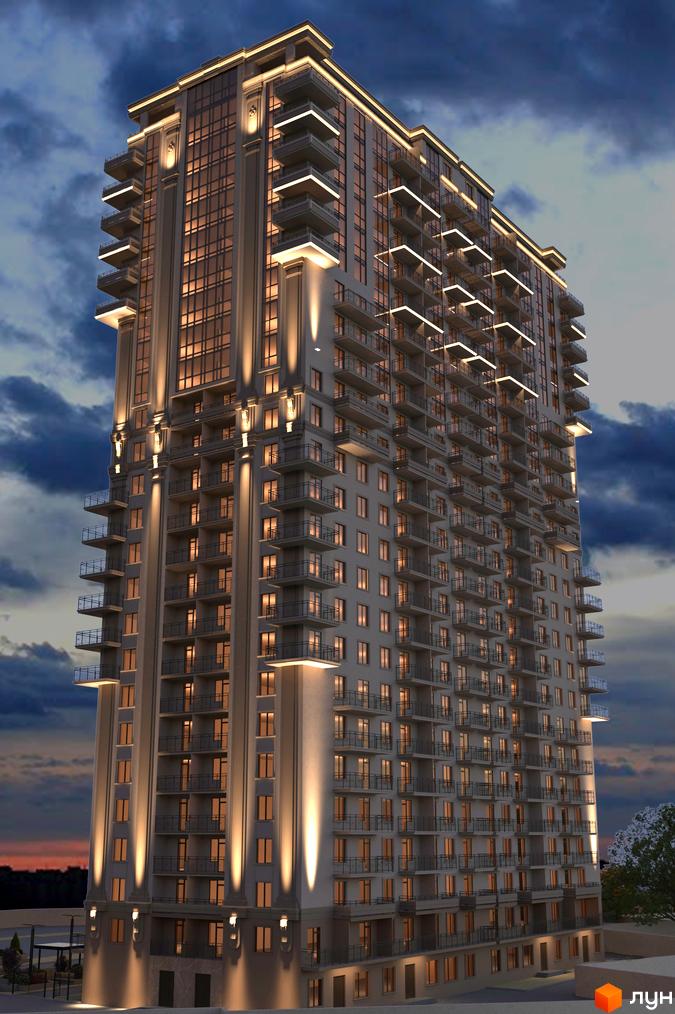 Зображення багатоповерхового будинку Житлового комплексу Acropolis з балконами та освітленням на фасаді. Вигляд новобудови на фоні вечірнього неба.