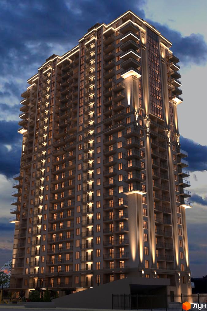 Житловий комплекс Акрополь: багатоповерховий будинок з балконами та освітленими вікнами в сутінках, з елементами прибудинкової території.