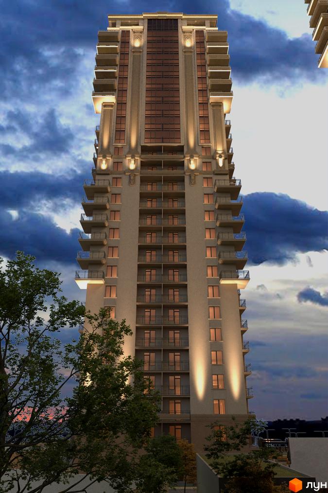 Зображення фасаду багатоповерхового будинку Житлового комплексу Acropolis. Вигляд новобудови з балконами та панорамними вікнами.