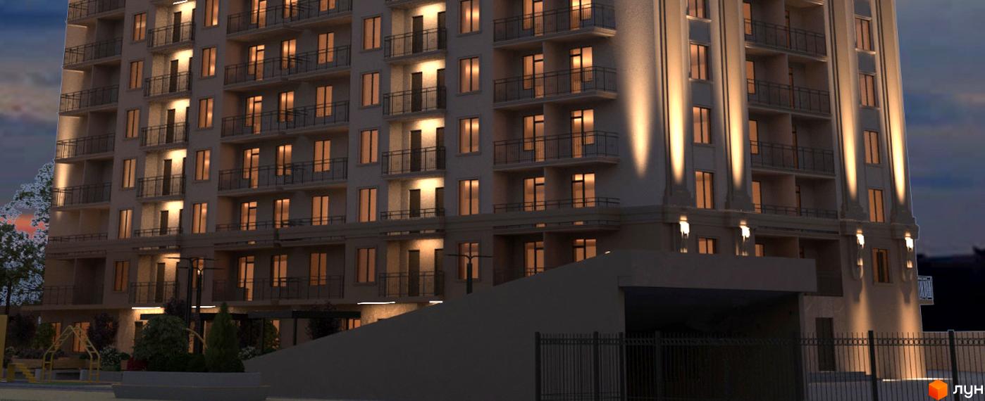 Зображення фасаду та прибудинкової території Будівельного проєкту Акрополь. Багатоповерховий будинок з балконами та освітленням, видно частину паркінгу.