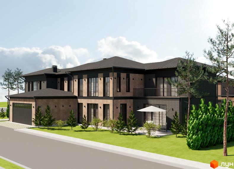 Зовнішній вигляд будинку КМ LakeWood 2 з цегляним фасадом та великими вікнами, зелена прибудинкова територія з деревами та зоною відпочинку.