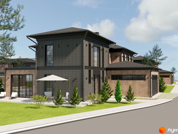 Котеджне містечко КМ LakeWood 2. Зовнішній вигляд будинку з цегляним фасадом та прибудинкова територія з газоном та деревами.