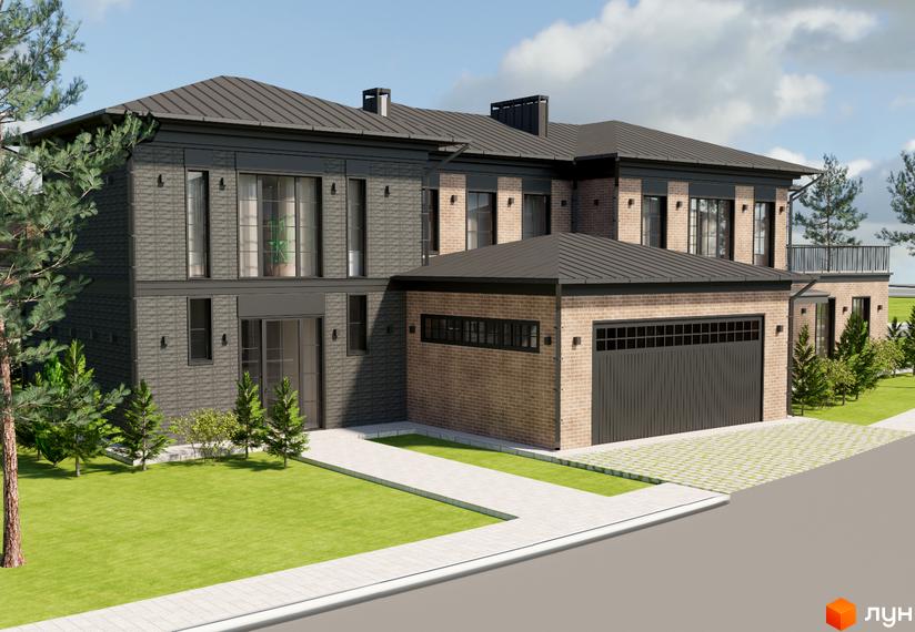 Котеджне містечко КМ LakeWood 2: двоповерховий будинок з цегляним фасадом та гаражем, зелена прибудинкова територія з доріжками.