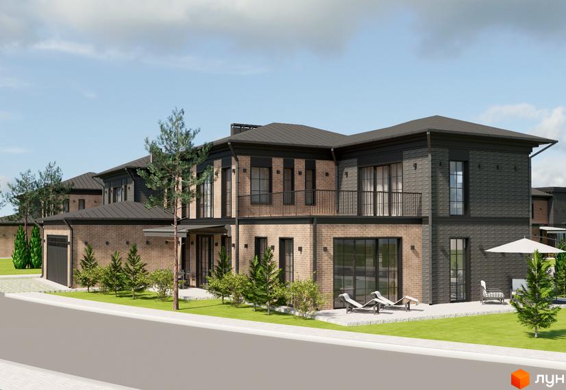 Котеджне містечко КМ LakeWood 2. Фасад будинку з цегли та темних панелей, з балконами та великими вікнами, на прибудинковій території зелений газон та дерева.