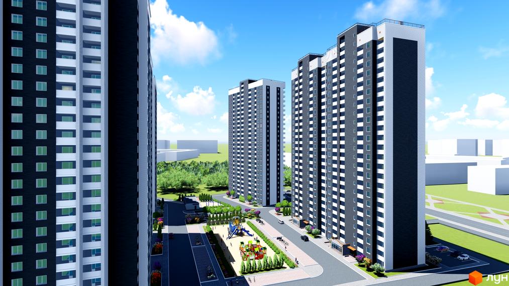 Житловий комплекс Navigator 2: багатоповерхові будинки з чорно-білим фасадом, дитячий майданчик та зелені зони.