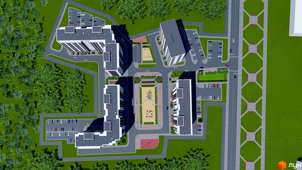 Житловий комплекс Navigator 2 з багатоповерховими будинками біло-сірих відтінків. Навколо багато зелених насаджень, паркінги та дитячі майданчики.