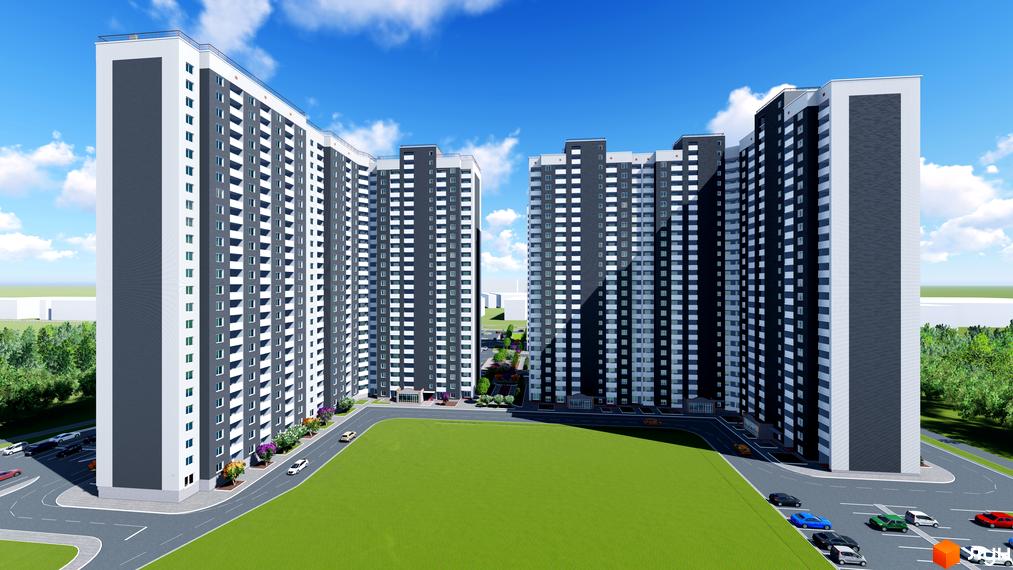 Житловий комплекс Navigator 2 складається з двох багатоповерхових будинків темно-сірого кольору з білими елементами. Перед будинками розташований великий зелений газон та дороги з парковками.