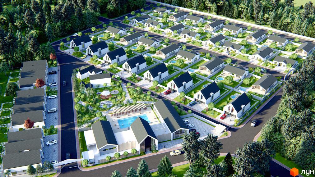 Котеджне містечко Chaletville: білі будинки з темними дахами та індивідуальними ділянками, загальний вигляд на забудову та зелену зону з басейном.