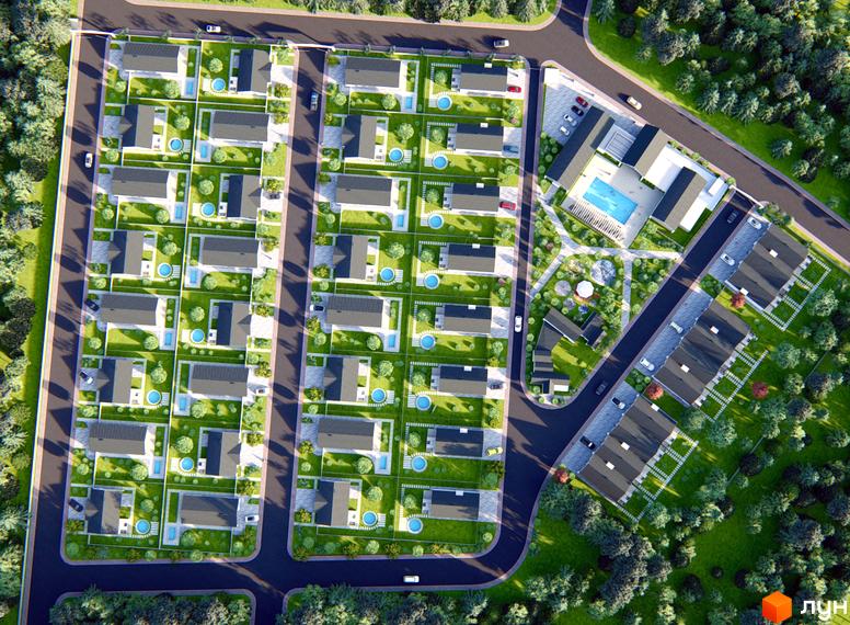 Котеджне містечко Chaletville з сучасними будинками та доглянутими подвір'ями з басейнами. На території комплексу розташовані зони відпочинку та зелені насадження.