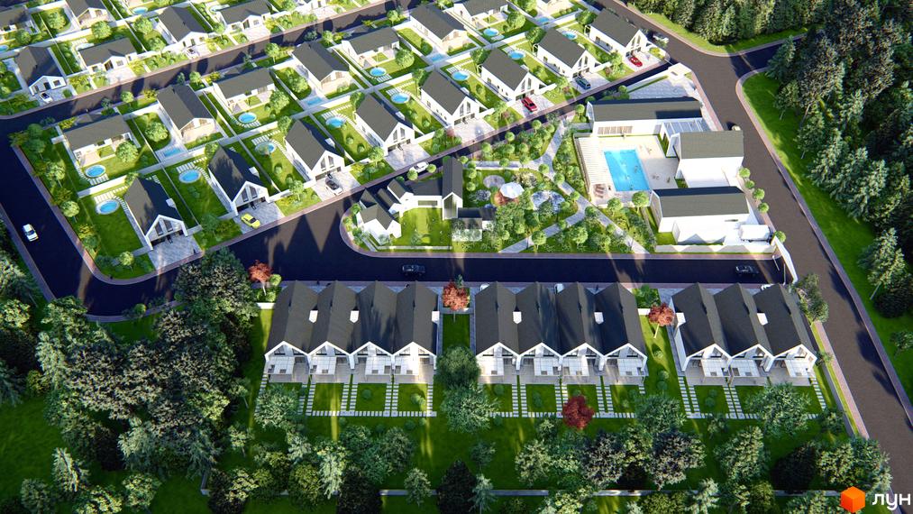 Котеджне містечко Chaletville: вид зверху на білі будинки з темними дахами, зелені подвір'я та спільний басейн.