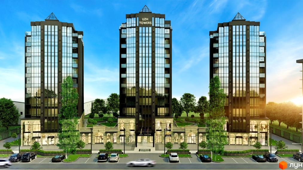 Новобудова Uzh Towers: три висотні будинки з панорамним склінням та темними стінами, з доглянутою прибудинковою територією та паркінгом.