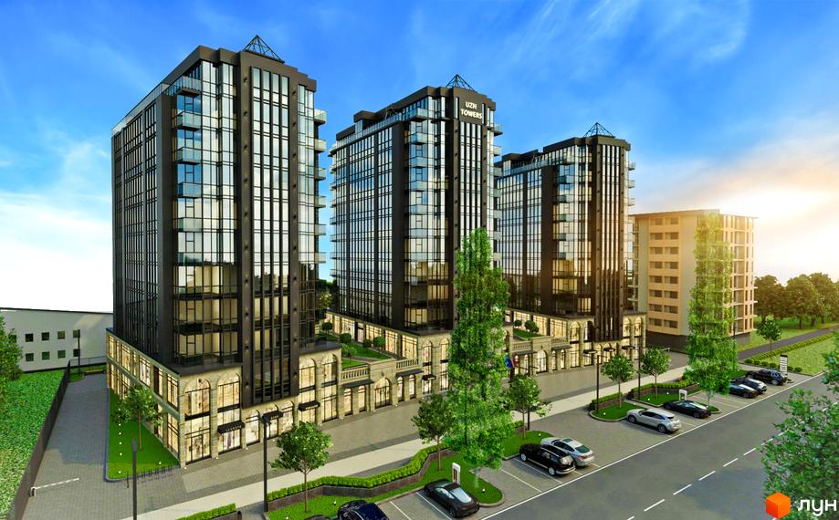 Житловий комплекс Uzh Towers: три високі будівлі з темним фасадом та скляними балконами, прибудинкова територія з паркінгом та зеленню.