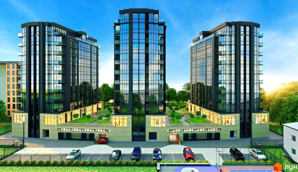 Зображення фасаду та прибудинкової території Житлового комплексу Uzh Towers. На передньому плані парковка з автомобілями.