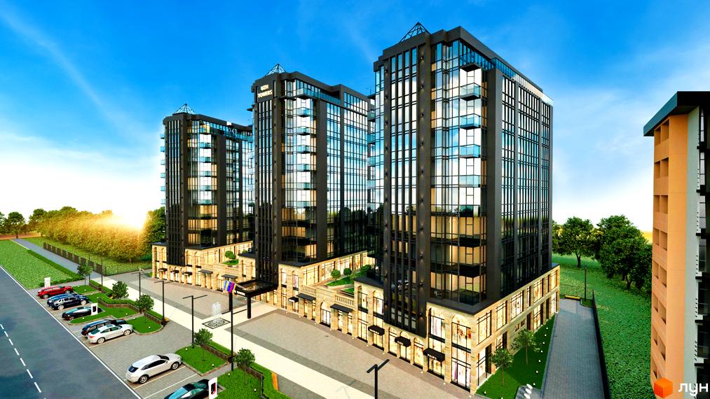 Зображення фасаду та прибудинкової території Житлового комплексу Uzh Towers. Висотні будинки з панорамними вікнами, парковка та зелені насадження.