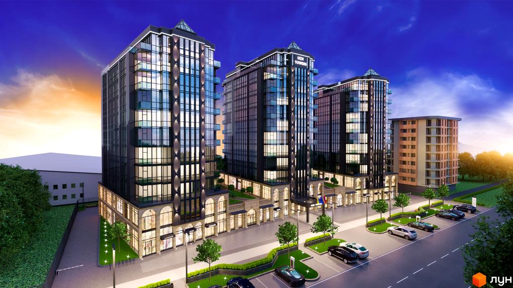 Житловий комплекс Uzh Towers: три висотні будівлі з темними фасадами та скляними балконами. Поруч парковка та зелені зони.