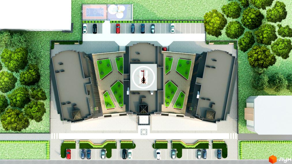 Житловий комплекс Uzh Towers: багатосекційна будівля з зеленими дахами та вертолітним майданчиком. Прилегла територія з парковками, спортмайданчиком та зеленими зонами.