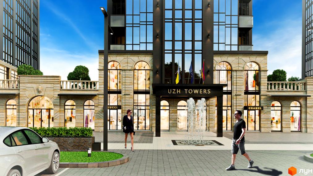 Фасад Житлового комплексу Uzh Towers поєднує кам'яну обробку та скляні вікна, з фонтаном та зеленню на прибудинковій території.