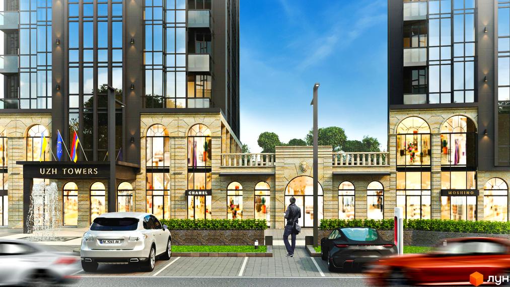Зображення фасаду Новобудови Uzh Towers з магазинами на першому поверсі та припаркованими автомобілями.