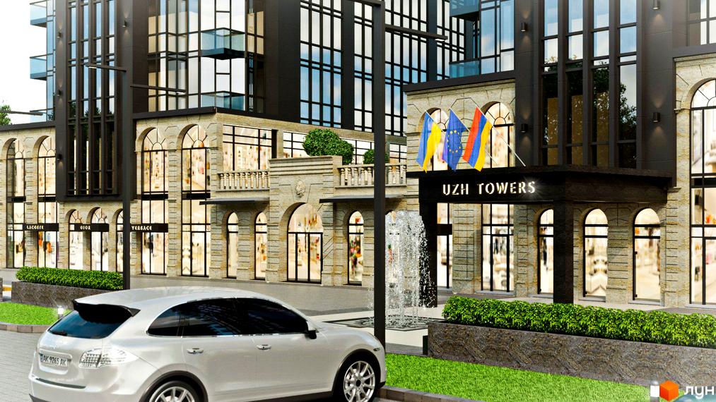 Зображення фасаду ЖК Uzh Towers з великими вікнами та елементами декору. Перед будинком розташована доглянута територія з газонами.