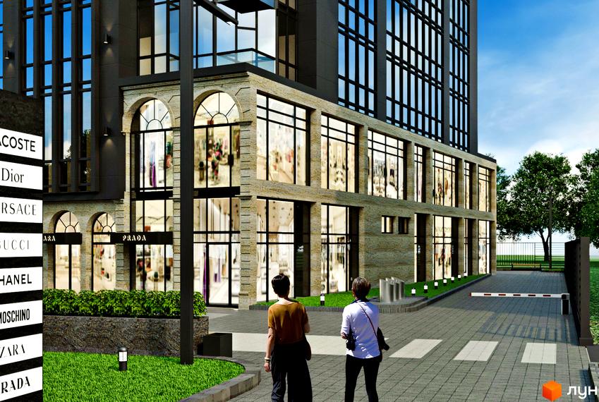 Зображення фасаду та прибудинкової території Житлового комплексу Uzh Towers. Вигляд на будівлю з великими вікнами та пішохідною зоною.