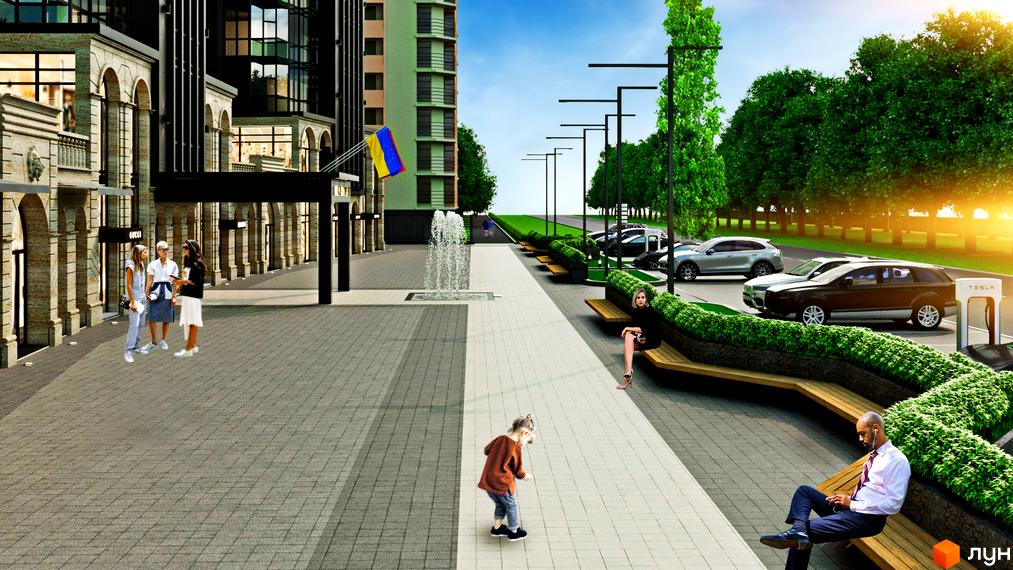 Житловий комплекс Uzh Towers: будинки з темним фасадом та арковими вікнами. Прибудинкова територія з фонтаном, лавками та парковкою.