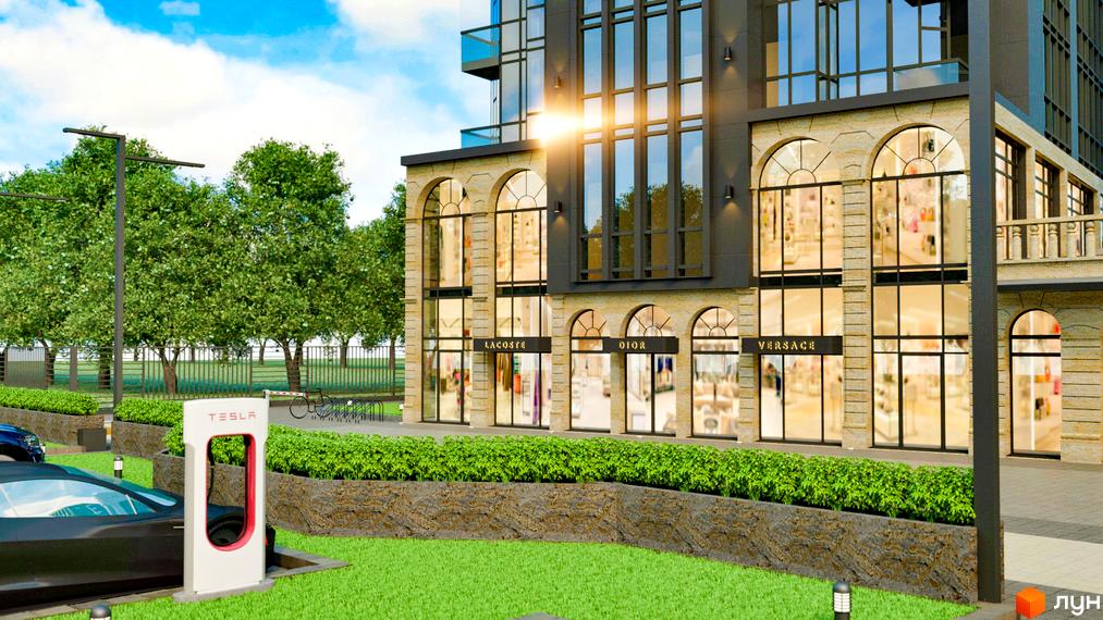 Будинок Житлового комплексу Uzh Towers з великими вікнами та комерційними приміщеннями. На території є зелені насадження та зарядна станція Tesla.