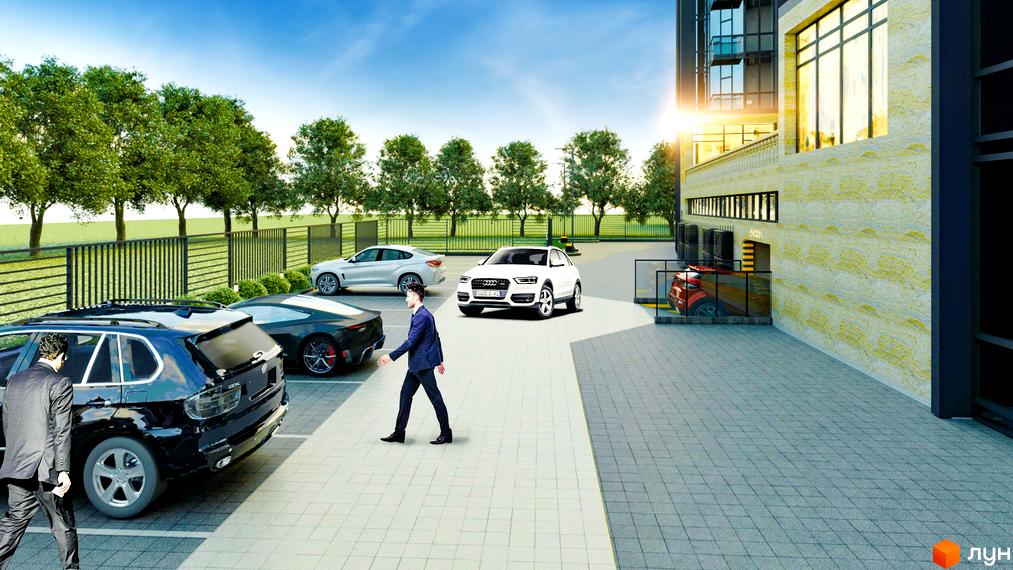 Зображення Житлового комплексу Uzh Towers з автомобілями на парковці та пішоходами. Вигляд новобудови та прилеглої території.