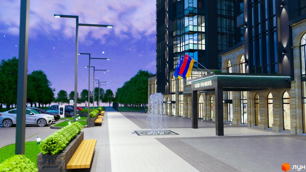 Житловий комплекс Uzh Towers: багатоповерховий будинок з темним фасадом, великими вікнами та арковим входом. Прибудинкова територія має фонтан, лавки та парковку.