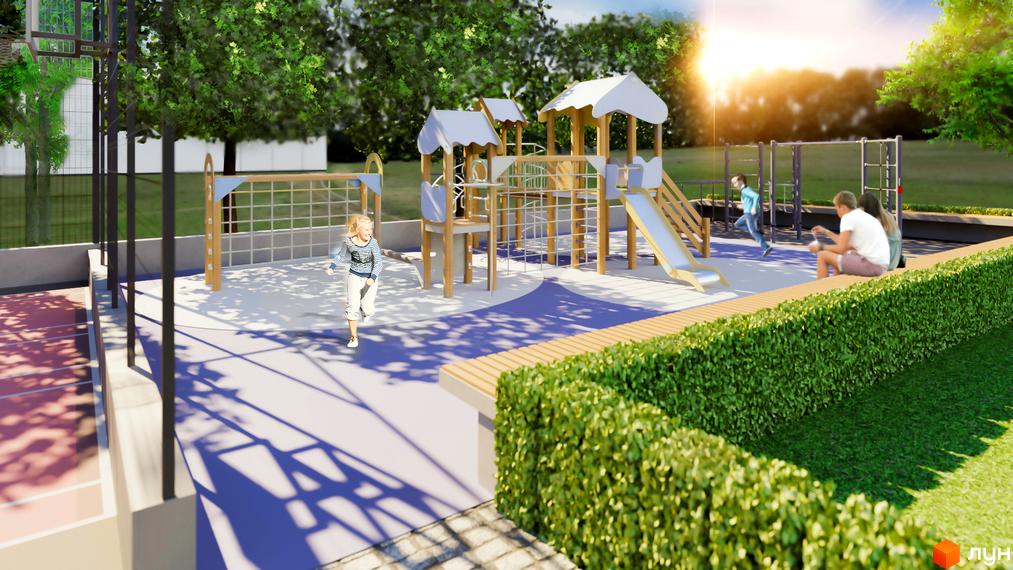 Дитячий майданчик з гірками та ігровими конструкціями у Житловому комплексі Uzh Towers. Навколо зелені насадження та місця для відпочинку.