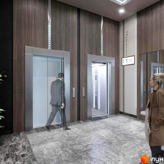 Інтер'єр холу з ліфтами в Будівельному проєкті Uzh Towers. Вигляд на ліфти та людей, що очікують на них.