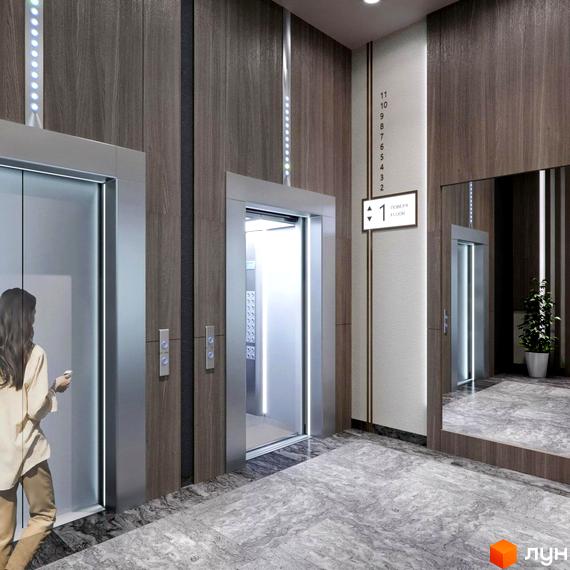 Інтер'єр холу з ліфтами в Будівельному проєкті Uzh Towers. Вигляд ліфтової зони з оздобленням під дерево та мармурову підлогу.